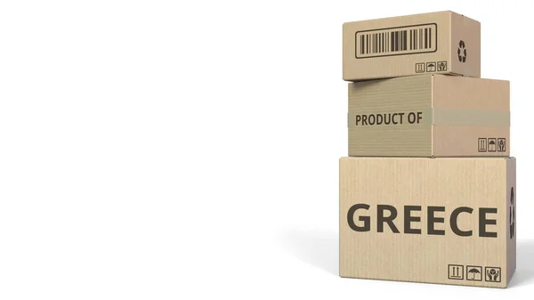 PRODUCT OF GREECE caption on boxes. 3D rendering — Stock Photo, Image