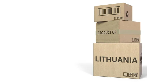 Padající krabice s produktem Litva textem. Konceptuální 3d vykreslování — Stock fotografie