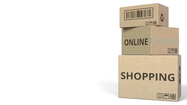Boxen mit Online-Shopping-Bildunterschrift. 3D-Darstellung — Stockfoto