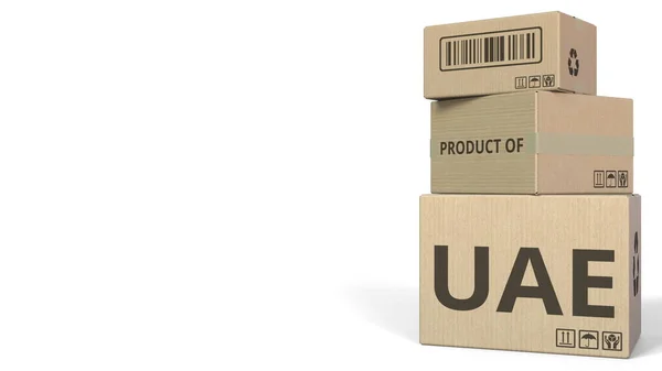 Falling boxes with PRODUCT OF UAE text. Conceptual 3D rendering — Stock Photo, Image