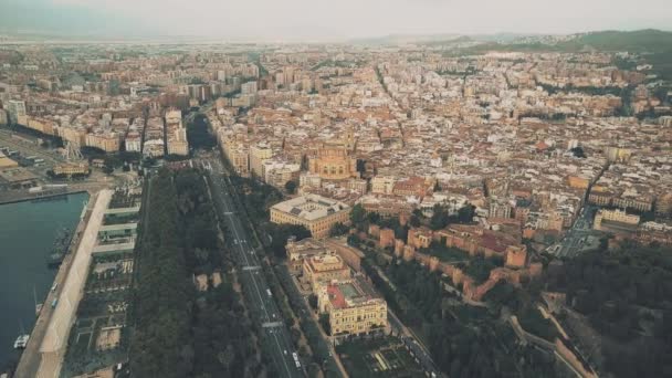 Vista aérea del puerto y paisaje urbano de Málaga, España — Vídeos de Stock