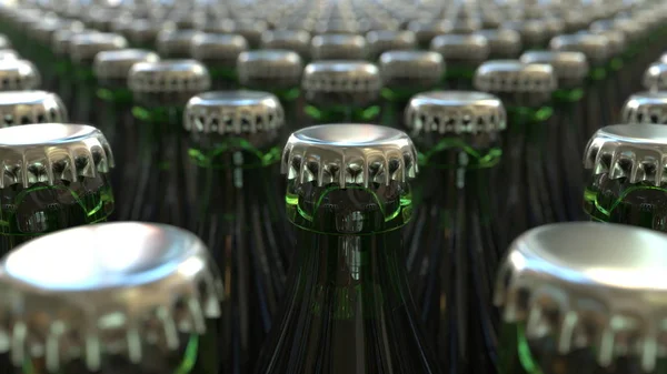 Πράσινα μπουκάλια με μπύρα ή αναψυκτικό. 3D rendering — Φωτογραφία Αρχείου