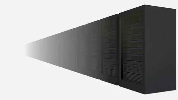 Aumentando o número de racks de servidor contra fundo branco. Tecnologias de nuvem relacionadas com a renderização 3D — Fotografia de Stock