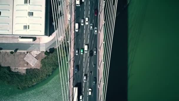 Aerial top-down shot of a cable-stayed car bridge traffic — Stock Video