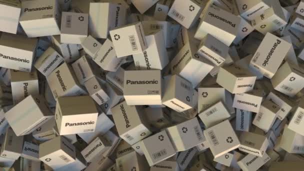 Boxes with PANASONIC logo. Editorial animation — Stock Video