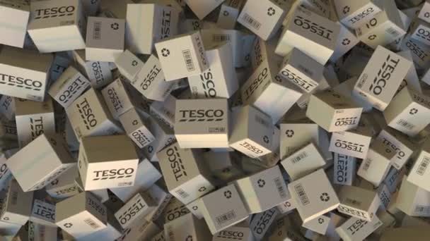 Logo TESCO su cartoni impilati. Animazione editoriale — Video Stock