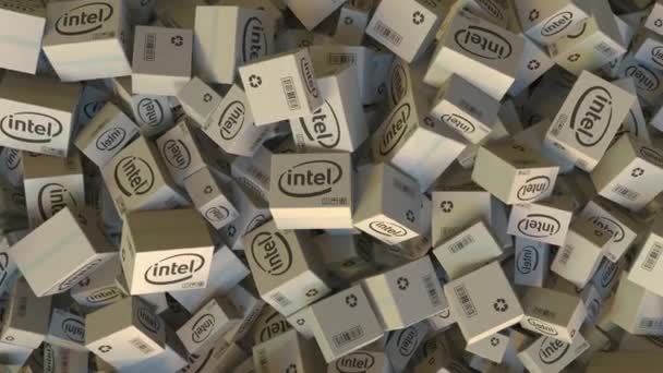 Logo Intel na hromadu krabic. Redakční animace — Stock video