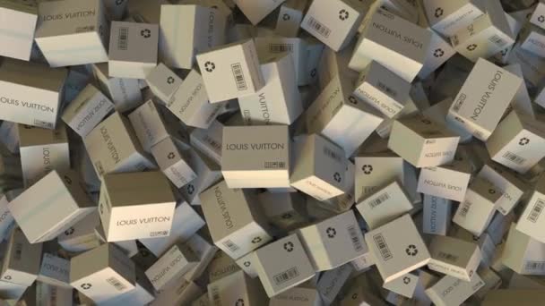 Pile of cartons with LOUIS VUITTON logo. Editorial animation — Stock Video