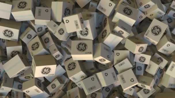 Pile of boxes with GENERAL ELECTRIC logo. Editorial animation — Stock Video