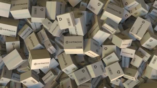 Kartonok Hitachi logóval. Szerkesztői animáció — Stock videók