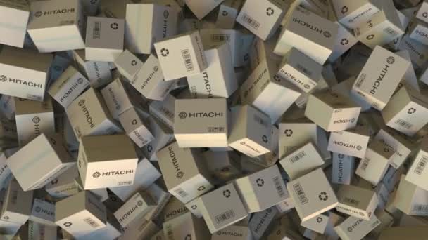 Caixas com logotipo HITACHI. Animação editorial — Vídeo de Stock