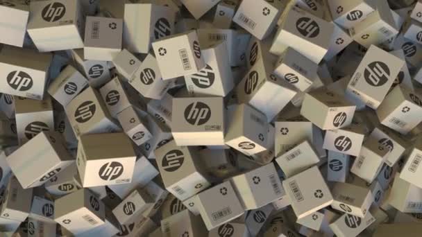 HP-logotypen på staplade kartonger. Redaktionella animation — Stockvideo