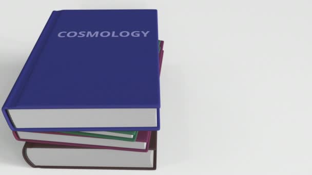 Título de COSMOLOGÍA en el libro, animación conceptual 3D — Vídeo de stock