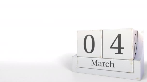 4 de marzo fecha en el calendario de bloques de madera. Animación 3D — Vídeo de stock