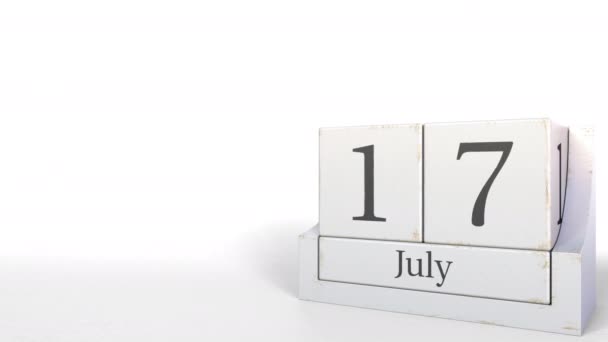 17 juillet date sur calendrier cube vintage, animation 3D — Video