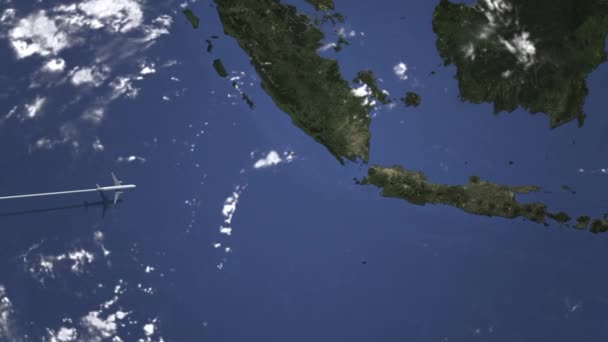 Авиалайнер летит в Джакарту, Индонезия, с запада на карте. Интро 3D анимация — стоковое видео