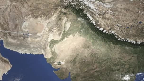 Avión comercial volando a Nueva Delhi, India desde el oeste. Intro animación 3D — Vídeo de stock