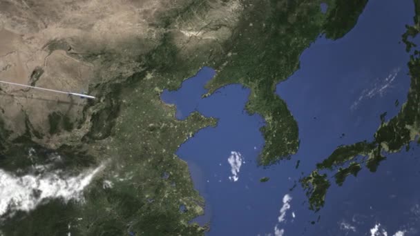 Rota de um avião comercial para Seul, Coréia do Sul a partir de oeste. Animação 3D de introdução — Vídeo de Stock