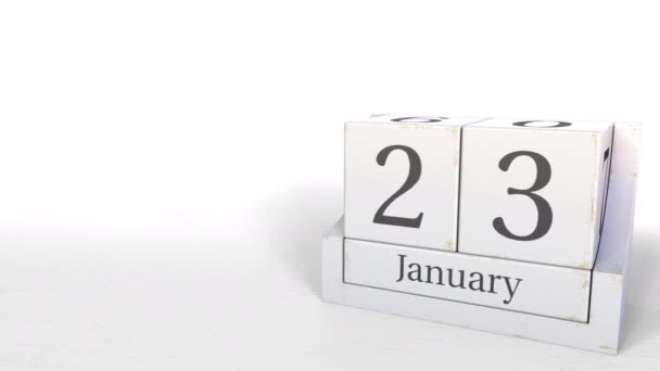 Wooden blocks calendar shows January 23 date, 3D animation — Stock Video