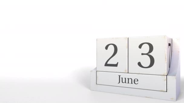 Calendário cubo de madeira mostra data 23 de junho, animação 3D — Vídeo de Stock