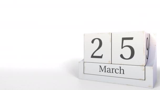 Würfelkalender zeigt Datum 25. März. 3D-Animation — Stockvideo