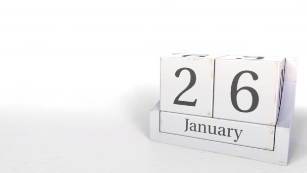 Calendario de cubos de madera muestra fecha 26 de enero, animación 3D — Vídeo de stock