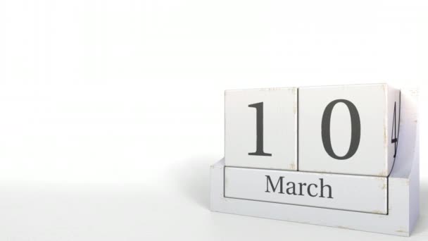 Il calendario dei cubi mostra la data del 10 marzo. Animazione 3D — Video Stock