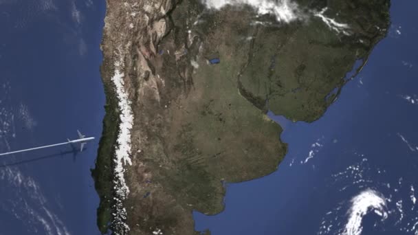Avião comercial voando para Buenos Aires, Argentina a partir de oeste. Animação 3D de introdução — Vídeo de Stock