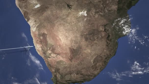 Avião chega em Joanesburgo, África do Sul a partir de oeste. Animação 3D de introdução — Vídeo de Stock