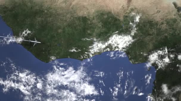 Avion de ligne desservant Lagos, Nigeria depuis l'ouest sur la carte. Intro animation 3D — Video