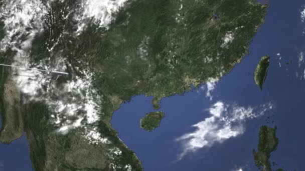 Shenzhen, Çin için Batı'dan harita üzerinde uçan yolcu uçağı. Intro 3d animasyon — Stok video