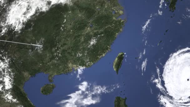 Avião chega em Taipei, Taiwan a partir de oeste. Animação 3D de introdução — Vídeo de Stock