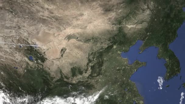 Commerciële vliegtuig vliegen naar Tianjin, China van west. Intro 3d animatie — Stockvideo