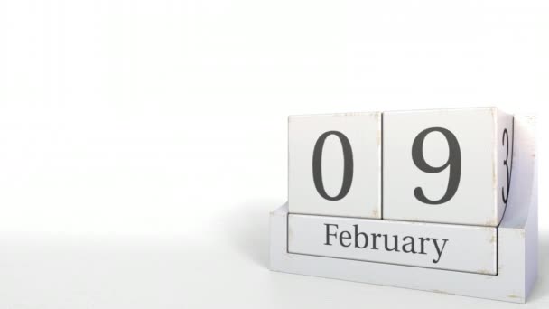 Bloques de madera calendario muestra fecha 9 de febrero, animación 3D — Vídeos de Stock