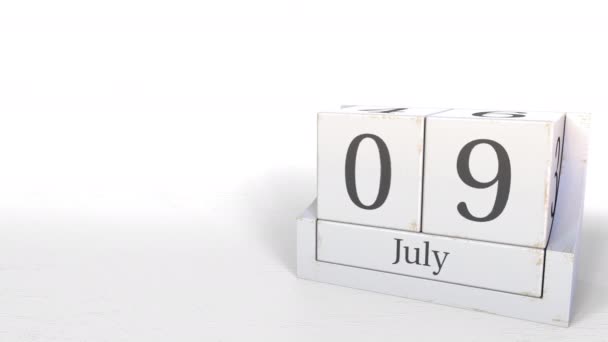 9 juli datum op vintage kubus kalender, 3d animatie — Stockvideo