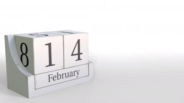 Holzklötze Kalender zeigt 14. Februar Datum, 3D-Animation — Stockvideo