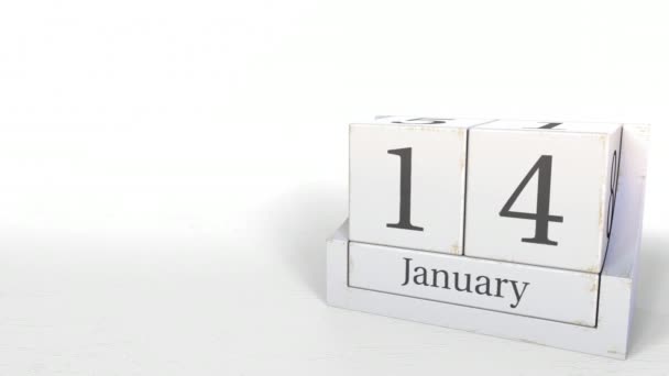 Houten blokken kalender bevat 14 januari datum, 3d animatie — Stockvideo