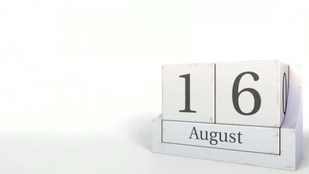 Календарь деревянных блоков показывает 16 августа даты, 3D анимация — стоковое видео