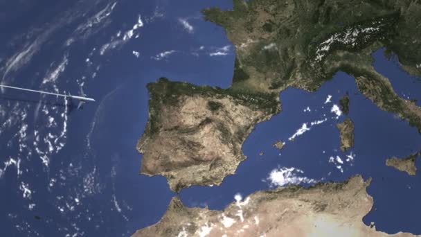 Aereo commerciale che vola a Barcellona, Spagna da ovest. Intro Animazione 3D — Video Stock