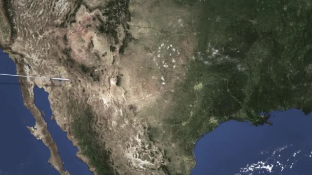 Vliegtuig rubriek naar Dallas, Verenigde Staten van west op de kaart. Intro 3d animatie — Stockvideo