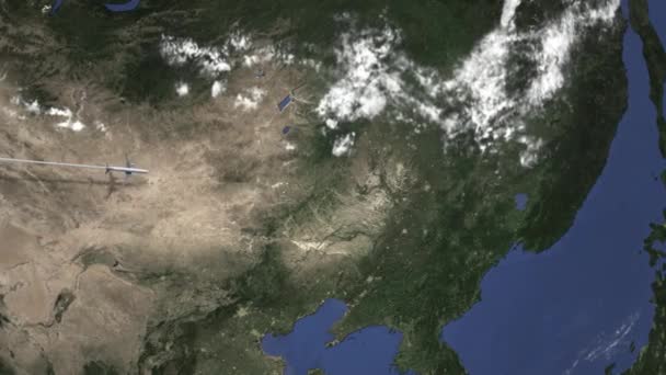 Avión llega a Harbin, China. Intro animación 3D — Vídeos de Stock