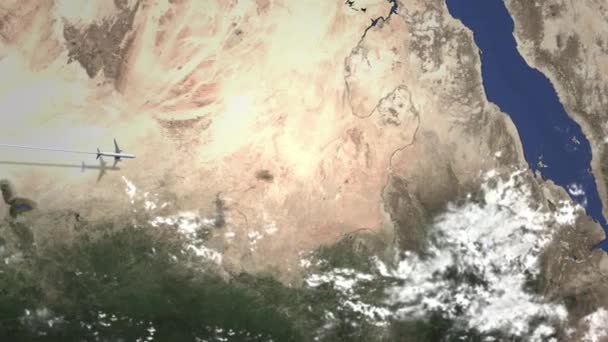 Airliner flying to Khartoum, Sudan desde el oeste en el mapa. Intro animación 3D — Vídeo de stock