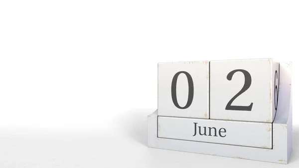 Calendário de blocos de madeira mostra data de 2 de junho, renderização 3D — Fotografia de Stock