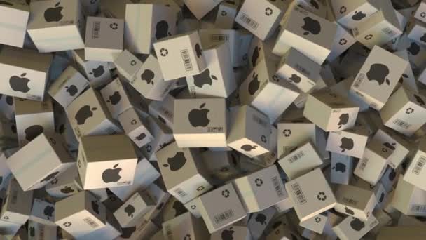 成堆的带有苹果公司标志的纸箱。编辑动画 — 图库视频影像
