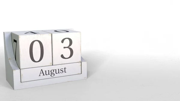 3 de agosto fecha en el calendario de bloques de madera. Renderizado 3D — Foto de Stock