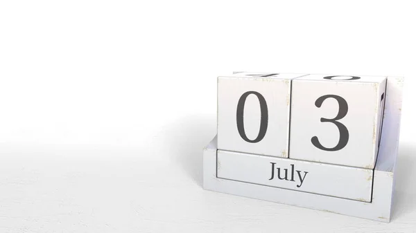 Ξύλινα μπλοκ ημερολόγιο δείχνει ημερομηνία 3 Ιουλίου, 3d rendering — Φωτογραφία Αρχείου