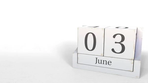 El calendario del cubo muestra la fecha del 3 de junio. Renderizado 3D — Foto de Stock