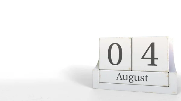 Wood cube calendar shows August 4 date, 3D rendering — Stock Photo, Image