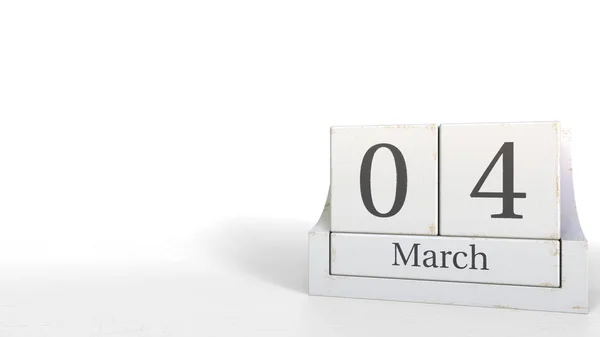 4 Μαρτίου ημερομηνία στο ημερολόγιο ξύλινα μπλοκ. 3D rendering — Φωτογραφία Αρχείου
