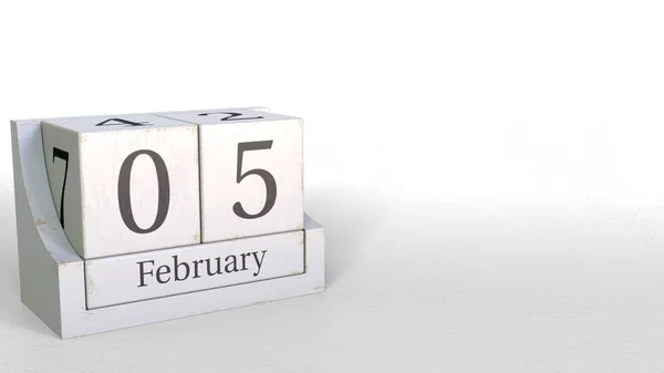 Calendário de blocos de madeira mostra 5 de fevereiro data, renderização 3D — Fotografia de Stock